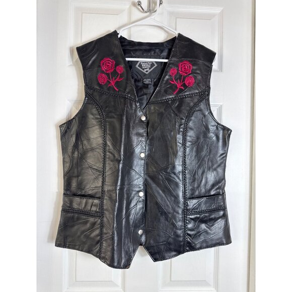 Diamond Plate Buffalo Leather Distressed Biker Vest Embroidered Roses Medium - Picture 1 of 8